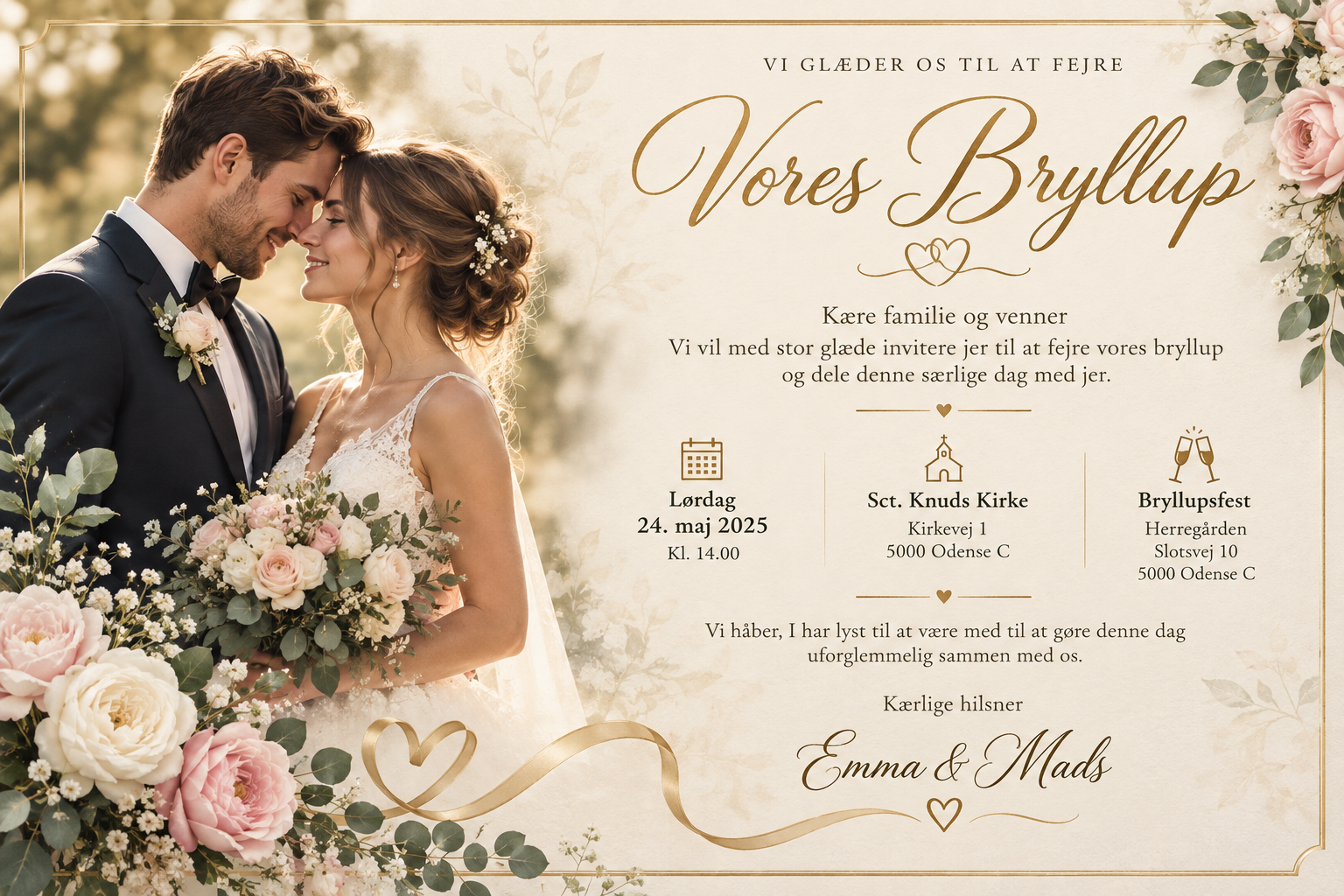 Invitationer Romantisk bryllupsinvitation med brudepar, blomster og gulddetaljer