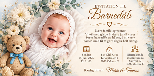 Invitationer Personlig barnedåbsinvitation med bløde farver og dekorative detaljer