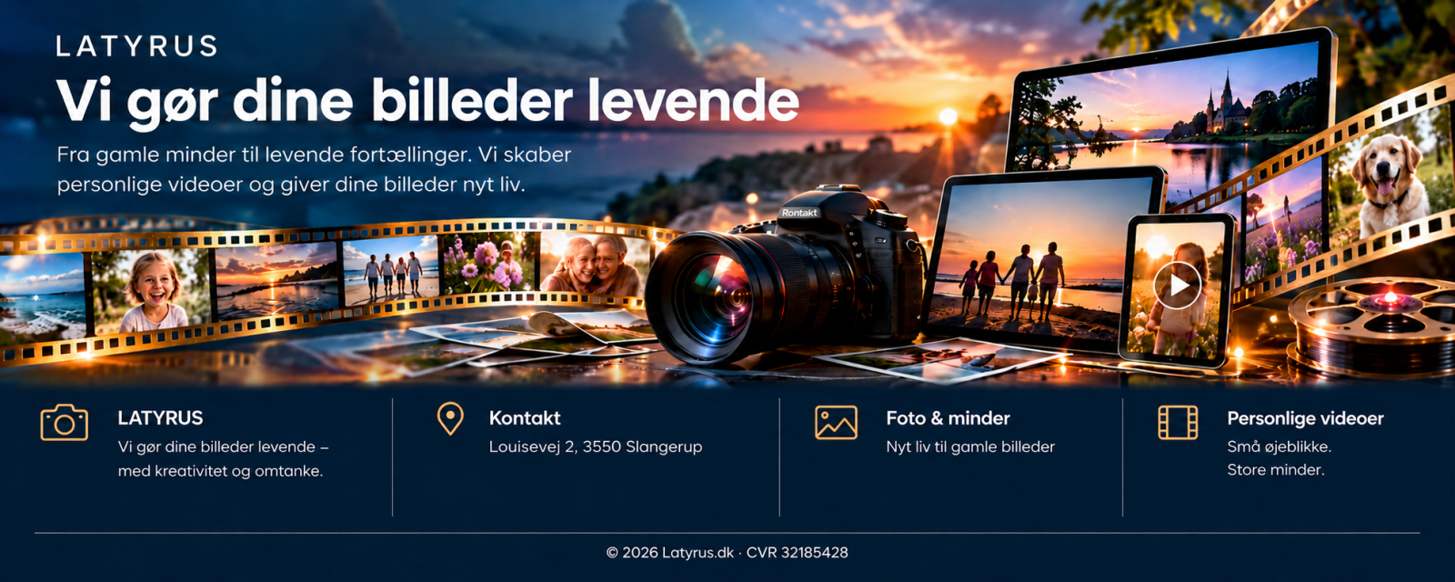 Latyrus – farverig grafik med filmstrimler, fotografier og kamera.